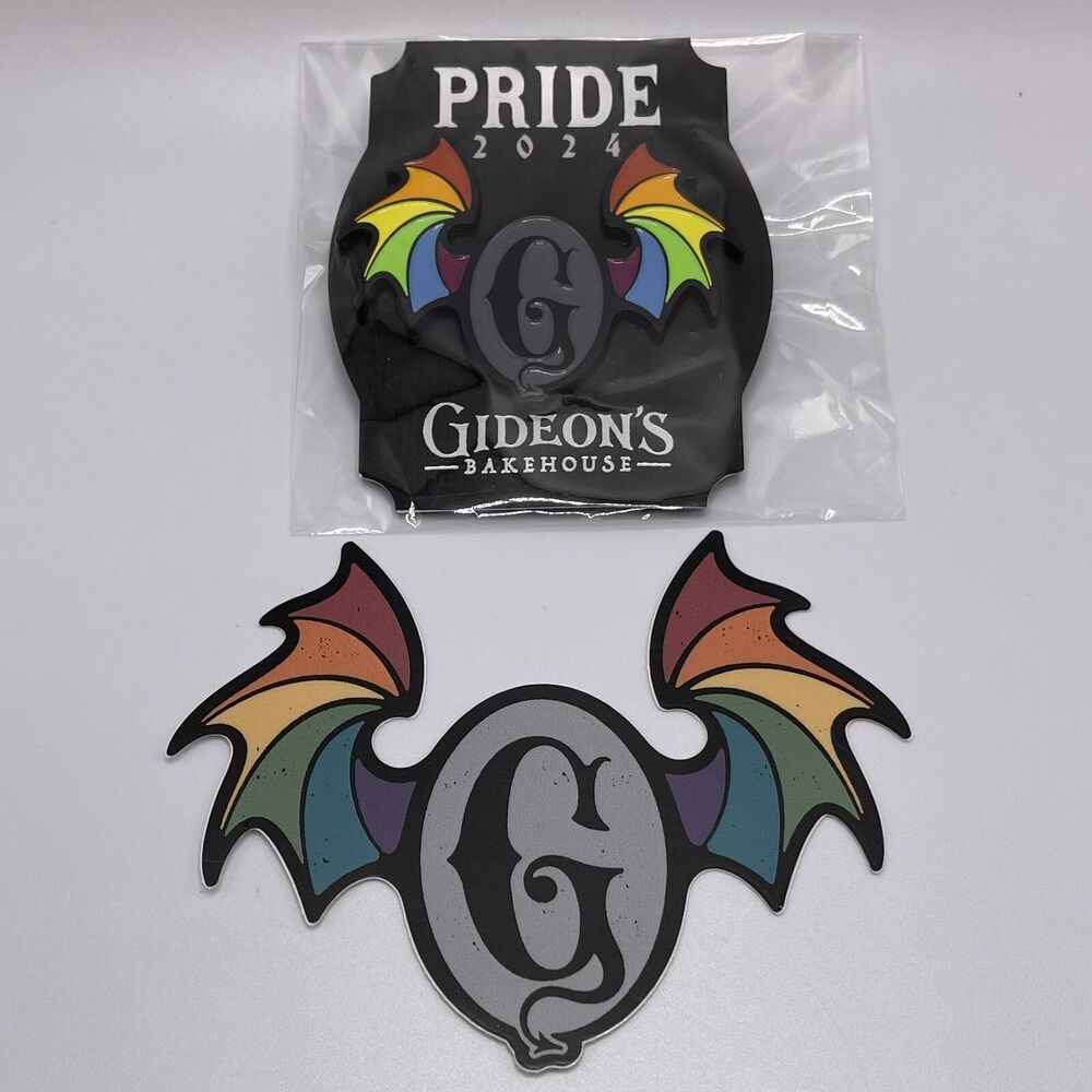 Gideon’s Bakehouse Winged G Pride Large Pin Rainbow Gargoyle and Sticker 2024